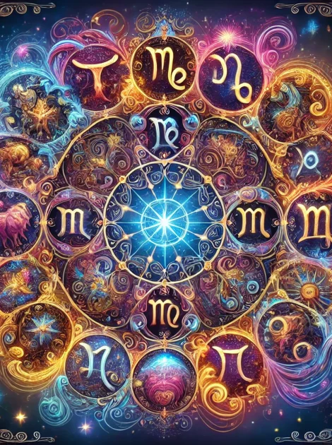 DALL·E 2024-11-28 11.32.59 - An ornate and vividly colored illustration depicting all 12 zodiac signs arranged in a circular pattern, each symbol intricately detailed with vibrant